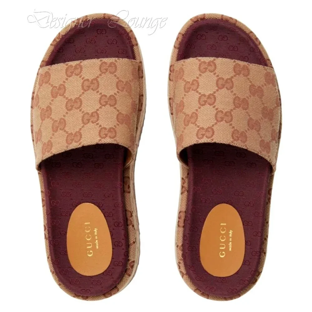 NEW GUCCI Angelina GG Beige Monogram Platform Slide Sandals Size EU 41.5 US 11.5